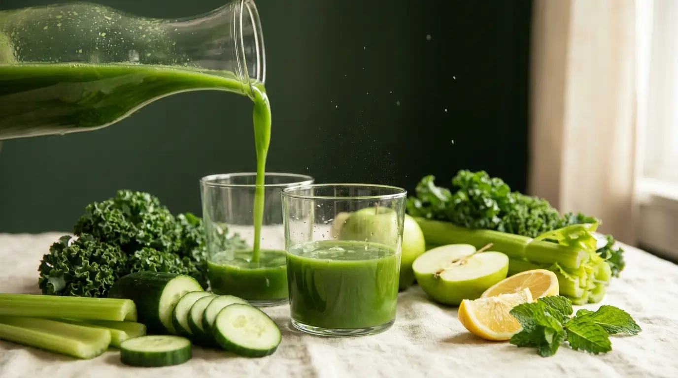 A fresh green juice being poured, part of a NatuRx daily ritual